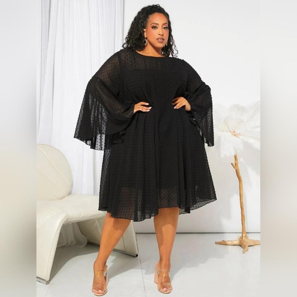 NWOT swiss dot mini dress with trumpet sleeves and sheer overlay SHEIN